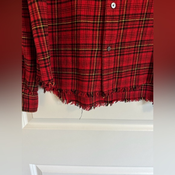 Frame women’s XL red plaid flannel shirt raw hem - Picture 1 of 7